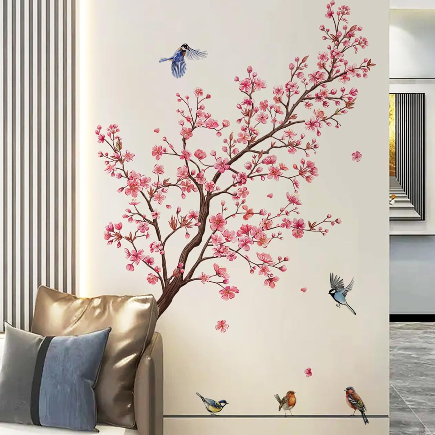 Pink Blossom Tree Wall Decals Birds on Branch Wall Stickers Pink Floral Wall Decor Flower Wall Decals for Bedroom Living Room Girls Room Nursery Office(Pink Blossom Tree)
