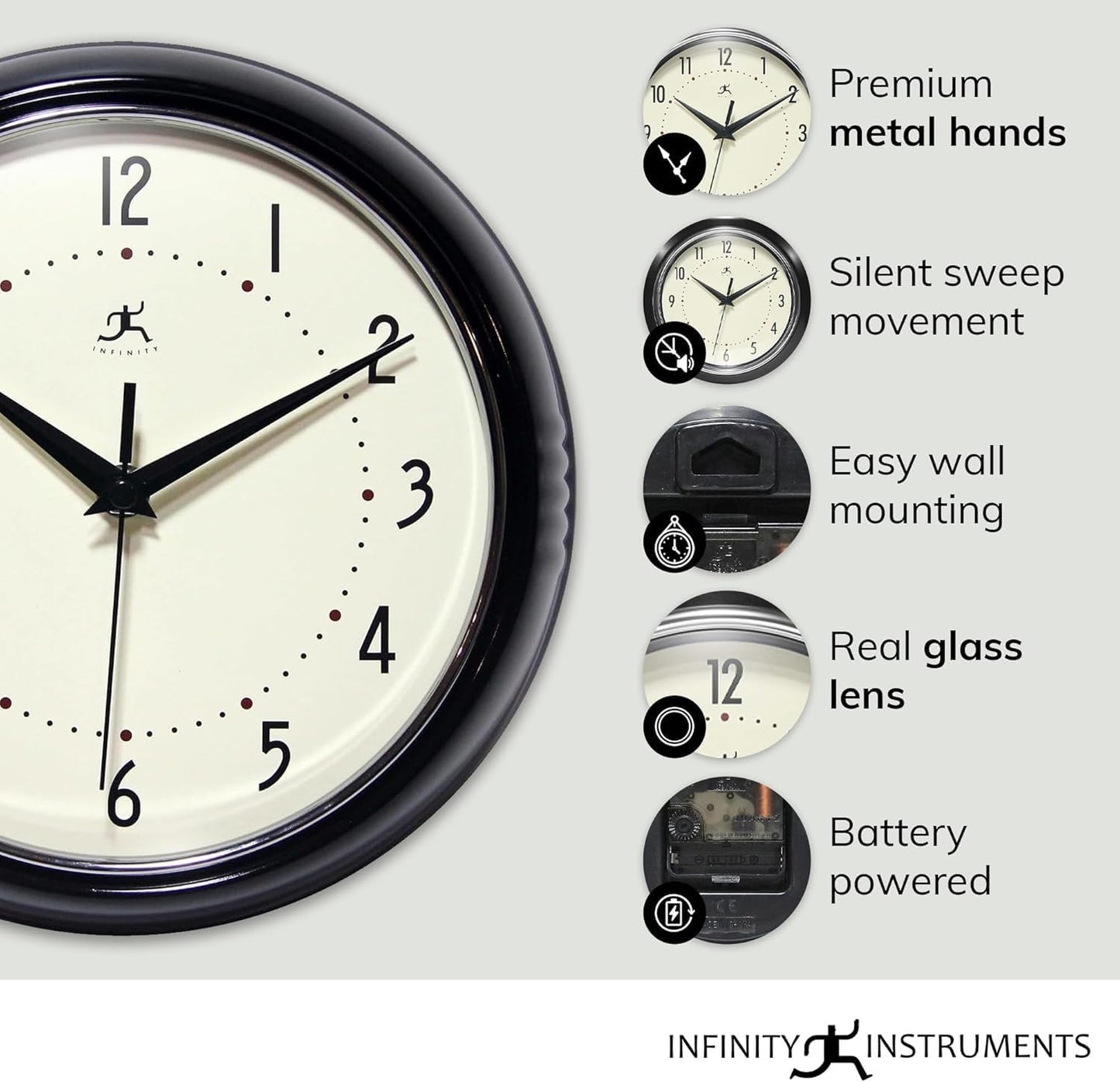 Infinity Instruments LTD. Retro 9 inch Silent Sweep Non-Ticking Mid Century Modern Kitchen Diner Wall Clock Quartz Movement Retro Wall Clock Decorative (Rose Blush)…