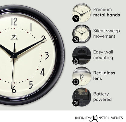 Infinity Instruments LTD. Retro 9 inch Silent Sweep Non-Ticking Mid Century Modern Kitchen Diner Wall Clock Quartz Movement Retro Wall Clock Decorative (Rose Blush)…