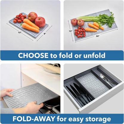 BTH 24" Extra Wide Foldable Dish Drying Mat for Kitchen Countertop, Made In Korea, Heat-resistant Premium Non-slip Silicone Mat, Large Dish Drainer Mat, Compact Folding Sink Liner Dishwasher Safe