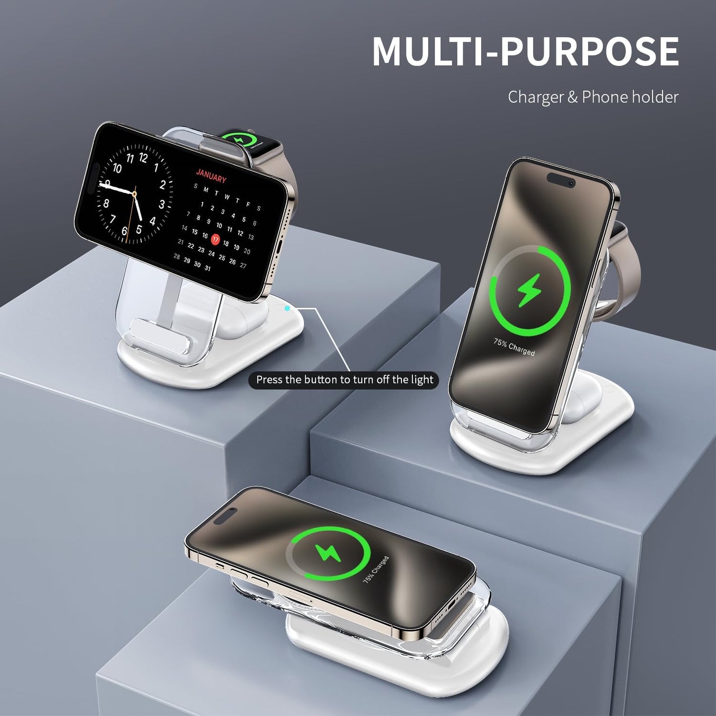 RYND 2026 Travel Wireless Fast Charging Station,Magnetic 3 in 1 Charger with Light for iPhone16 15 14 13 12 Pro Max Plus,Apple Watch Series & Air pods 4 3 2 Pro-Gifts for Wife & Husband(Pink)