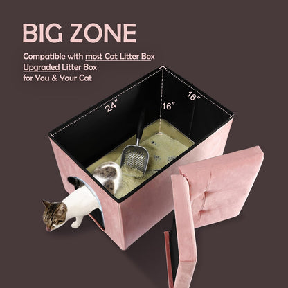 MEEXPAWS Cat Litter Box Enclosure Furniture Hidden Large, Lift Design Lid Velvet Cat Washroom Bench Storage Cabinet |25.6x 17.7 x 17.7 in| Dog Proof|Urine Proof Inside|Quick Assembly| Easy Clean(Pink)