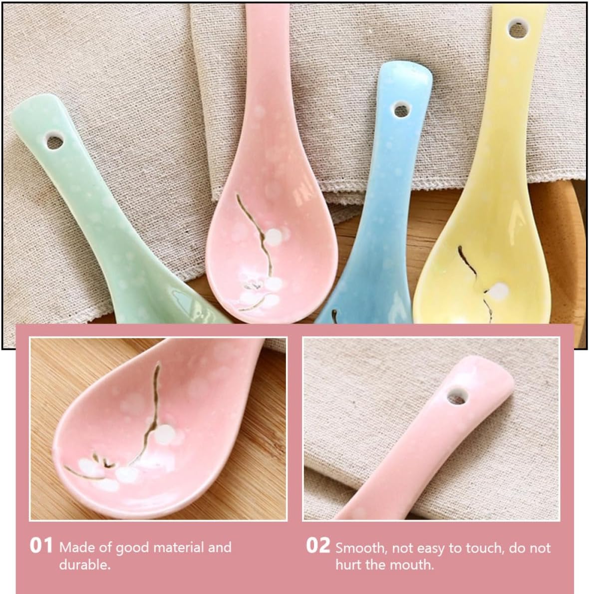 6pcs Japanese Ceramic Porridge Spoons Set Snowflake Pattern Pink Kitchen Utensils for Home Dining and Restaurant Use