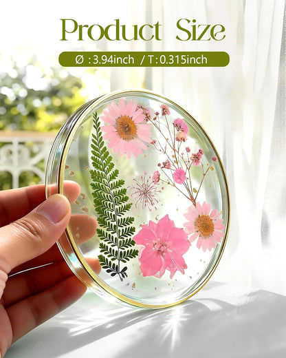 Oqplog Resin Drink Coasters for Desk Coffee Table-Pink&White Dried Flowers Round Shape Cup Coasters Set of 2 for Office Home Outdoor Decor Gifts for Girls Women
