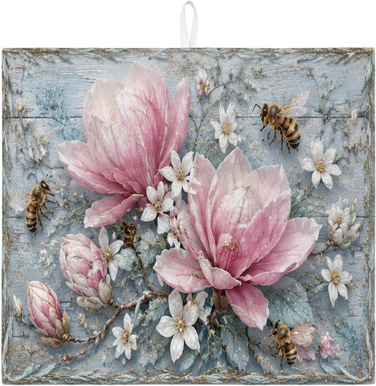 Peach Floral Dish Drying Mats for Kitchen Counter, Vintage Absorbent Dish Drainer Mat, Spring Rustic Microfiber Drying Pad for Coffee Bar Protector 16x18 Inch