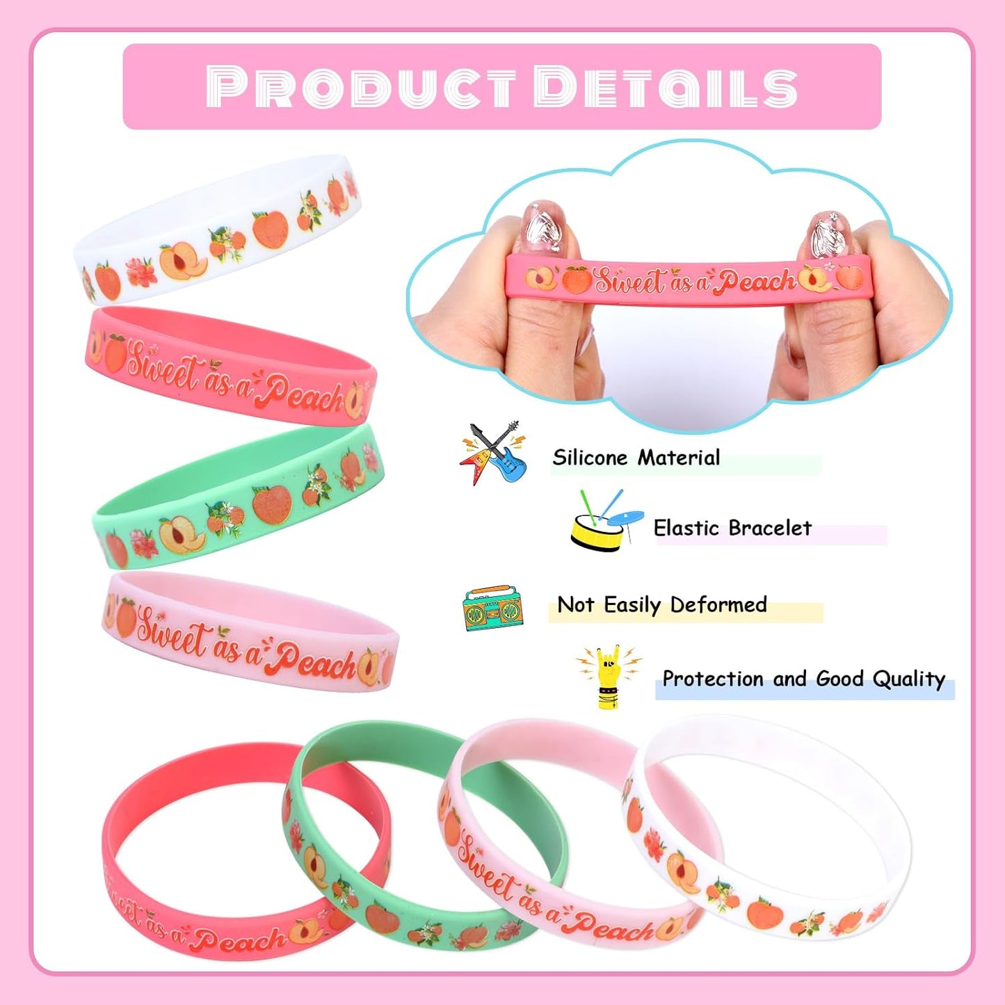Serencatcher Sweet As a Peach Party Favors Bracelet, 24pcs One Sweet Peach Birthday Decorations Silicone Bracelets Peach Baby Shower Birthday Party Gift for Guest