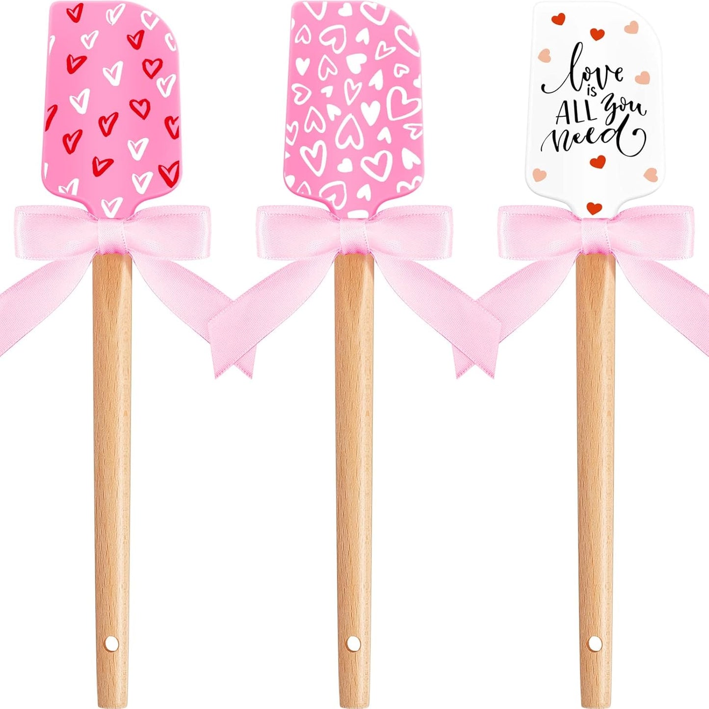 3 Pcs Valentine Silicone Spatulas with Wooden Handles Valentine Pattern Heat Resistant Baking Silicone Spatulas with Pink Satin Ribbon Bows for Baking, Cooking and Sauteing