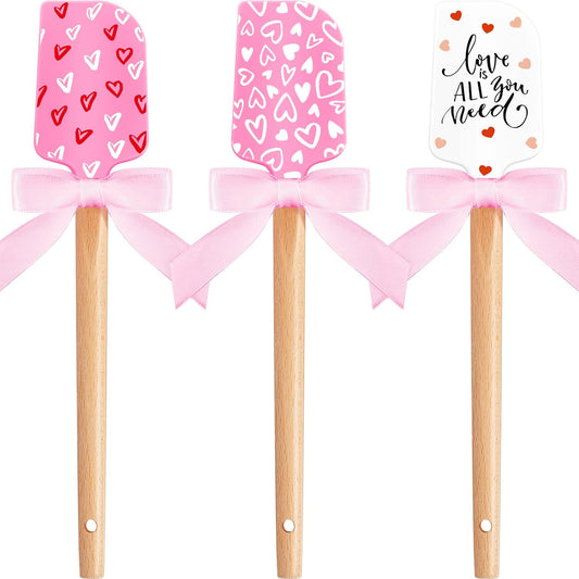 3 Pcs Valentine Silicone Spatulas with Wooden Handles Valentine Pattern Heat Resistant Baking Silicone Spatulas with Pink Satin Ribbon Bows for Baking, Cooking and Sauteing