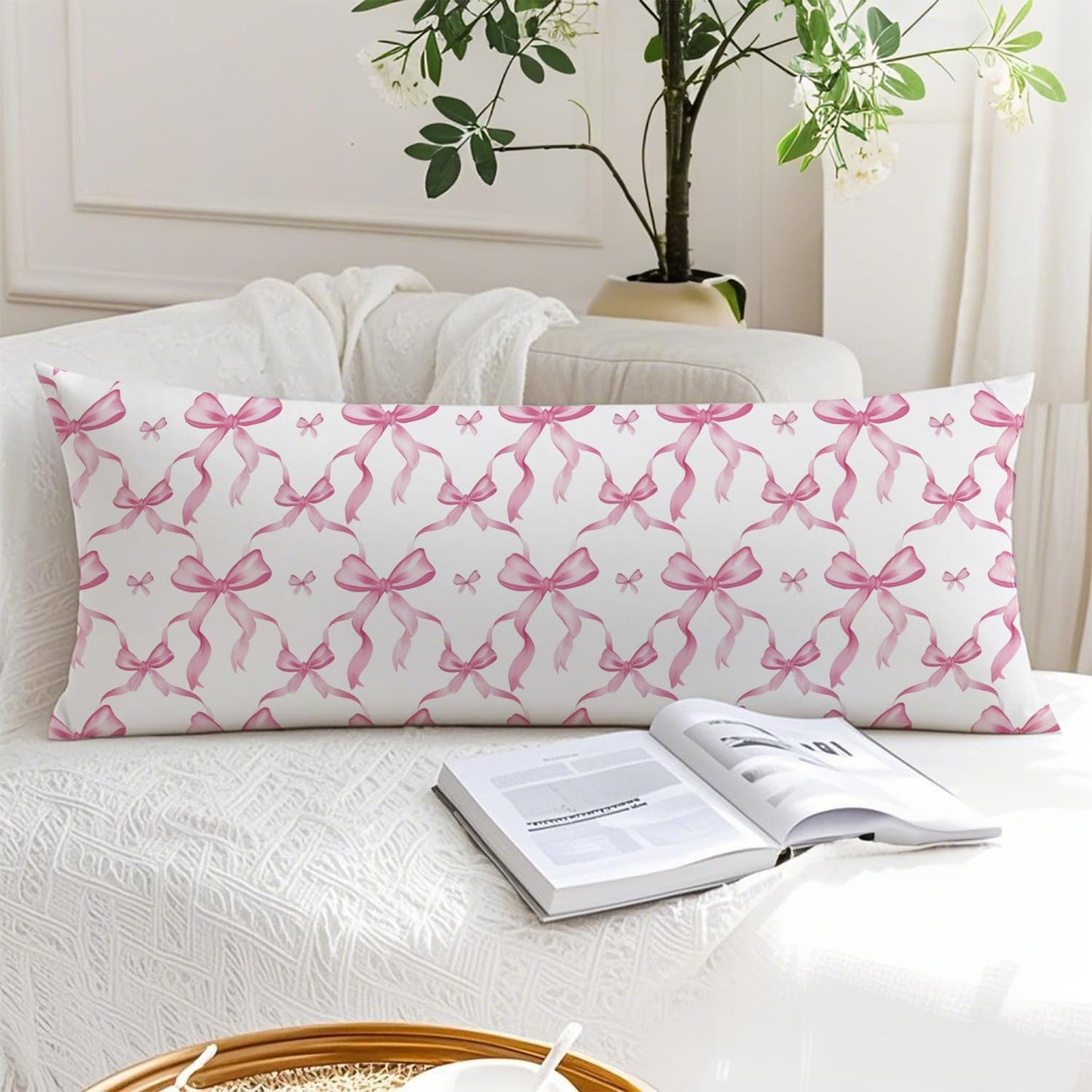 Coquette Pink Bow 20x54 Body Pillow Cover, Coquette Preppy Room Dorm Decor, Girly Room Decor Aesthetic, Pink Ribbon Decorative Long Body Pillow Cases for Bed Couch