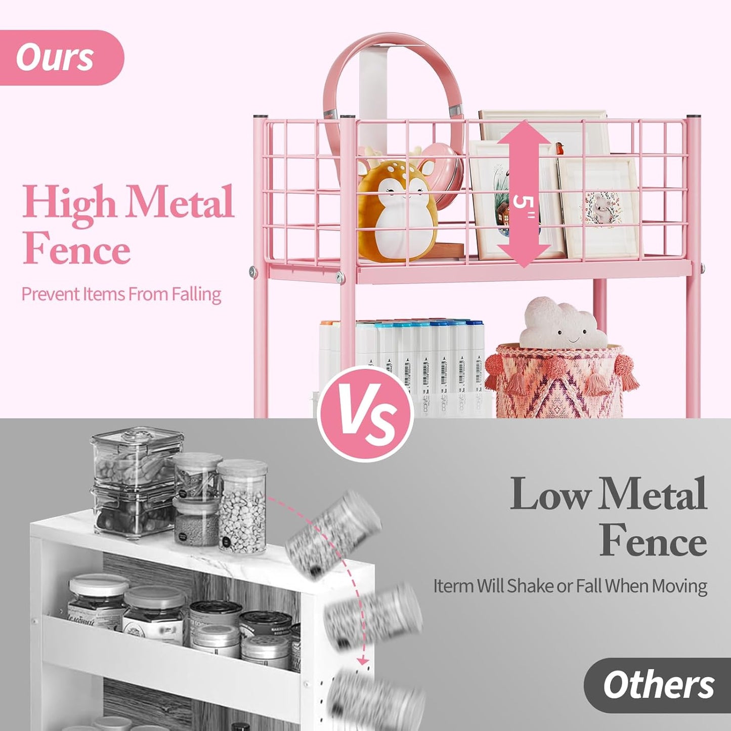 KINGRACK Slim Rolling Storage Cart 3 Tier - Heavy Duty Metal Utility Cart with Raised Edge & Wheels, Narrow Small Mobile Organizer Shelves for Bathroom, Kitchen, Laundry, Office, Living Room, Pink