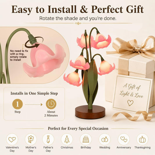 Flower Table Lamp for Bedroom, Cute Reading Light with 5 Pink Magnolia Flower of The Valley, Desk Lamp Bedside Lamps for Nightstands Home Decor,Soft Reading Night Light for Bedroom Living Room Office