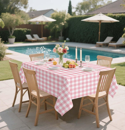 HEIPINIUYE 2 Pack Pink Gingham Tablecloth Disposable 54 x 108 Inch Pink and White Plaid Plastic Table Cloth Disposable Rectangle Table Cover for Party Birthday Picnic Checkered Tablecloths