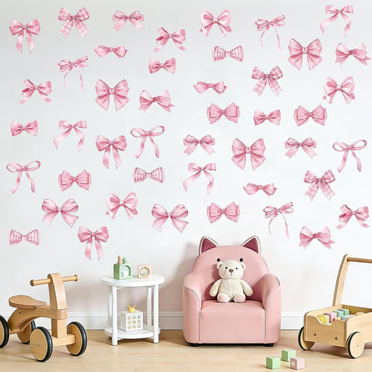 8 Sheets Pink Bow Wall Stickers, 60Pcs Light Pink Bow Wall Decals for Girls Room Decor, Watercolor Bow Wallpaper Coquette Aesthetic Peel and Stick for Kindergarten Nursery Bedroom Home Decor