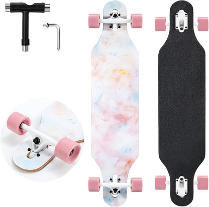 Longboard Skateboard, 41 Inch Drop Through Longboard Complete 9-Ply Nature Maple Premium Cruiser Long Board for Adults, Teens and Kids - High-Speed Bearings & T-Tool