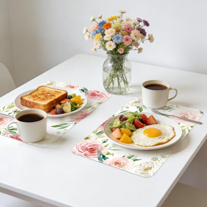 6 Pcs Pink Flower Plastic Placemats, 11x16 Inch Summer Pink White Floral Placemats Seasonal Flower Butterfly Washable Table Mats for Party Kitchen Dining Decoration