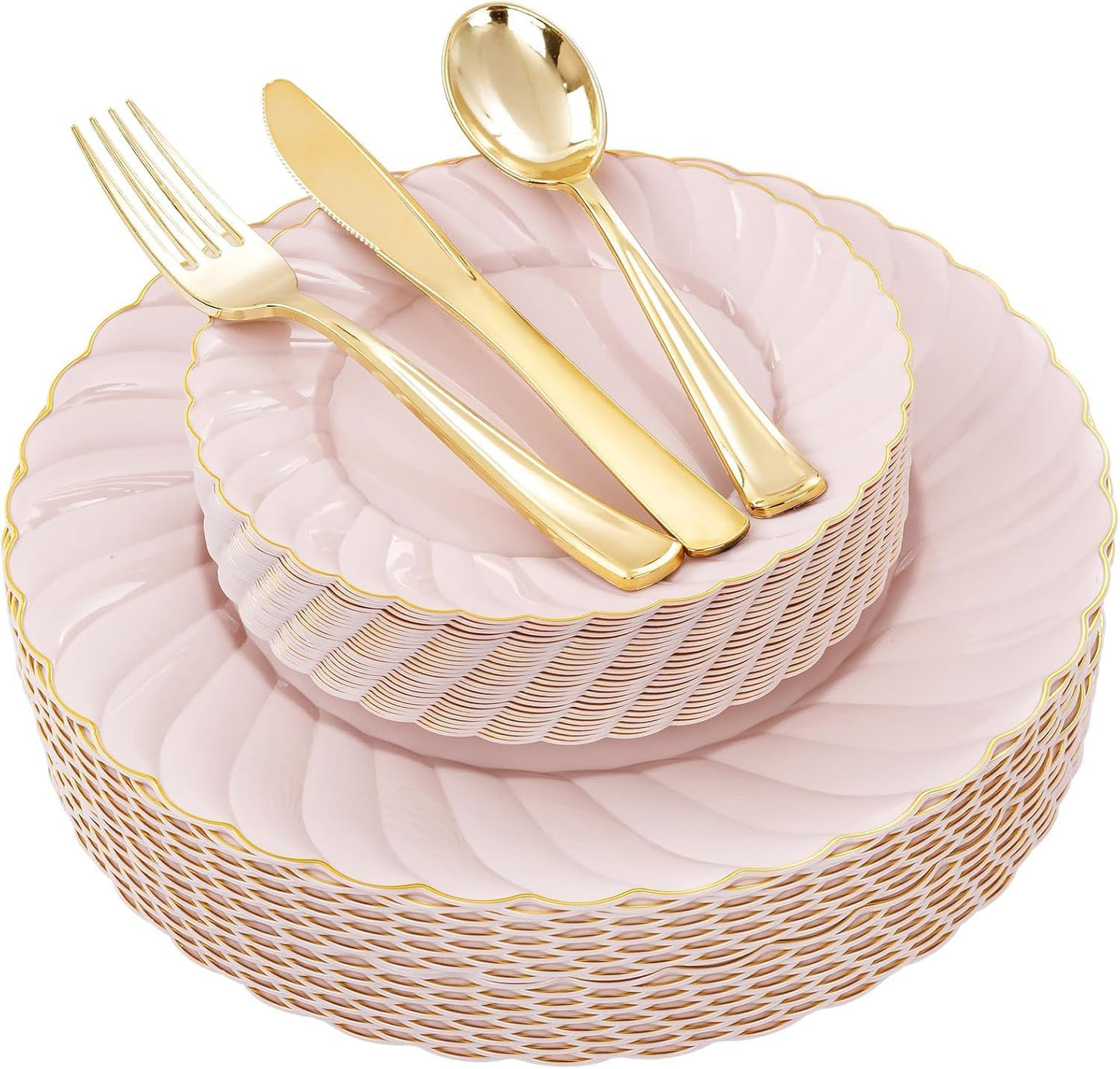 YOUBET 125Pcs Pink Plastic Plates with Gold Rim - Scalloped Plastic Plates Set Includes 25 Dinner, 25 Dessert Plate, 75 Gold Silverware for 25 Guests for Wedding Birthday Baby Shower