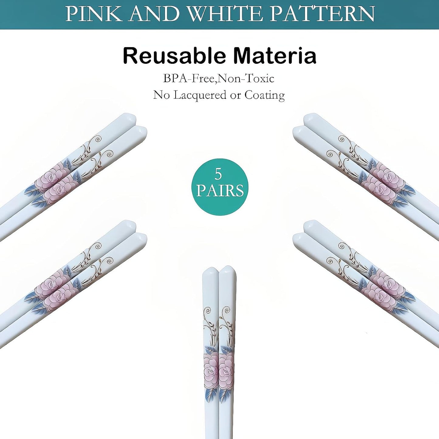 5 Pairs porcelain Chopsticks - Reusable Chopsticks Dishwasher Safe, 9.7 Inches (Pink Peonie)