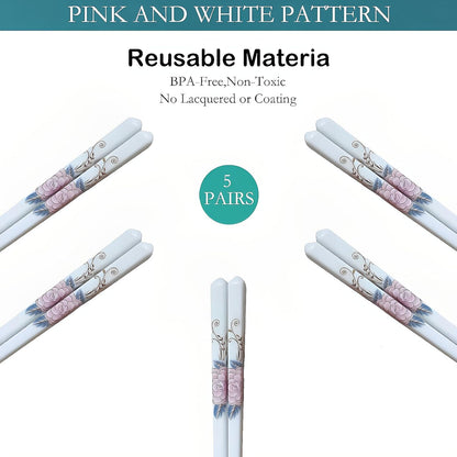 5 Pairs porcelain Chopsticks - Reusable Chopsticks Dishwasher Safe, 9.7 Inches (Pink Peonie)