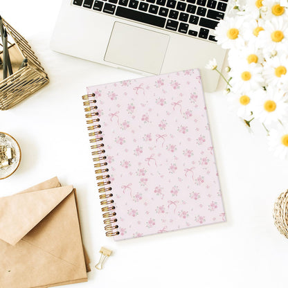 Wheatwin Pink Coquette Cute Notebook Journal for Women, Aesthetic Notebook for Teen Girls, Floral Pink Bow Spiral Notebook Journals for Women Work 5.5x8.3