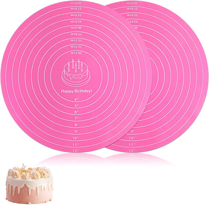 2 PCS 12 Inch Silicone Cake Mat, Pink Round Baking Mat with Measurements Reusable Cake Turntable Mat Non-Stick Heat Resistant Pastry Mats for Rolling Out Dough Cake Pizza Cookies