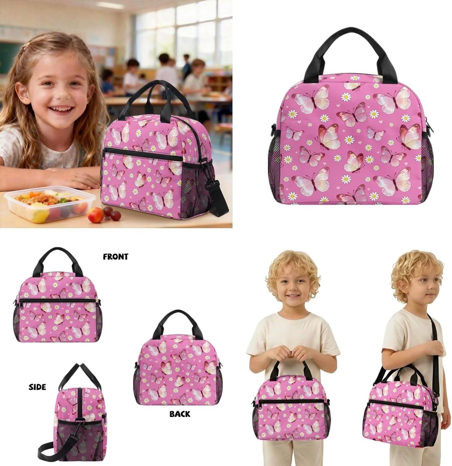 COEQINE Customized Backpack for Kids Girls School with Lunch Box Preschool Butterfly Pink Floral Girls Bookbag Ages 4-6-8-10 Kindergarten with Water Bottle Side Pocket Diaper Bag Backpack,13 In