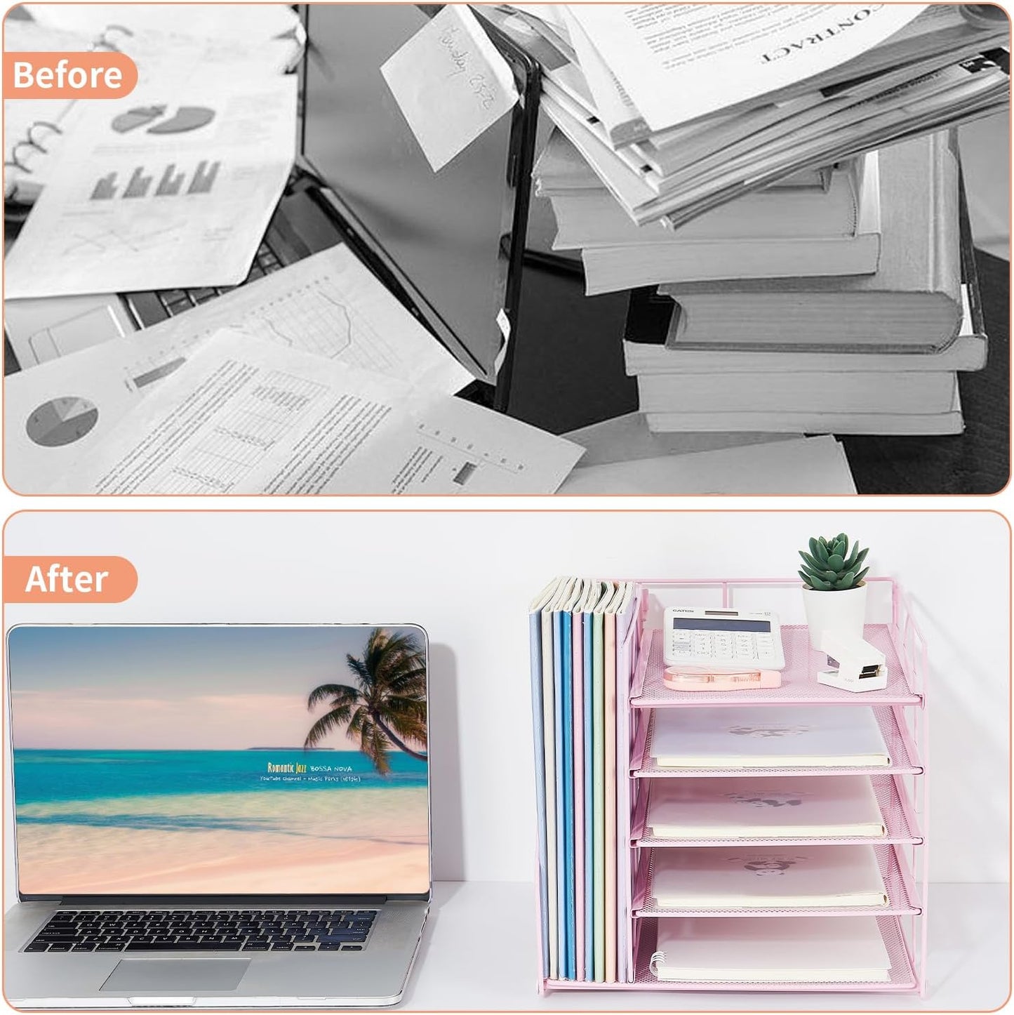 LEKETREE Desk Organizers and Accessories, 5-Tier Paper Letter Tray Organizer with File Holder, Desktop Organizer for Office Supplies (Pink)