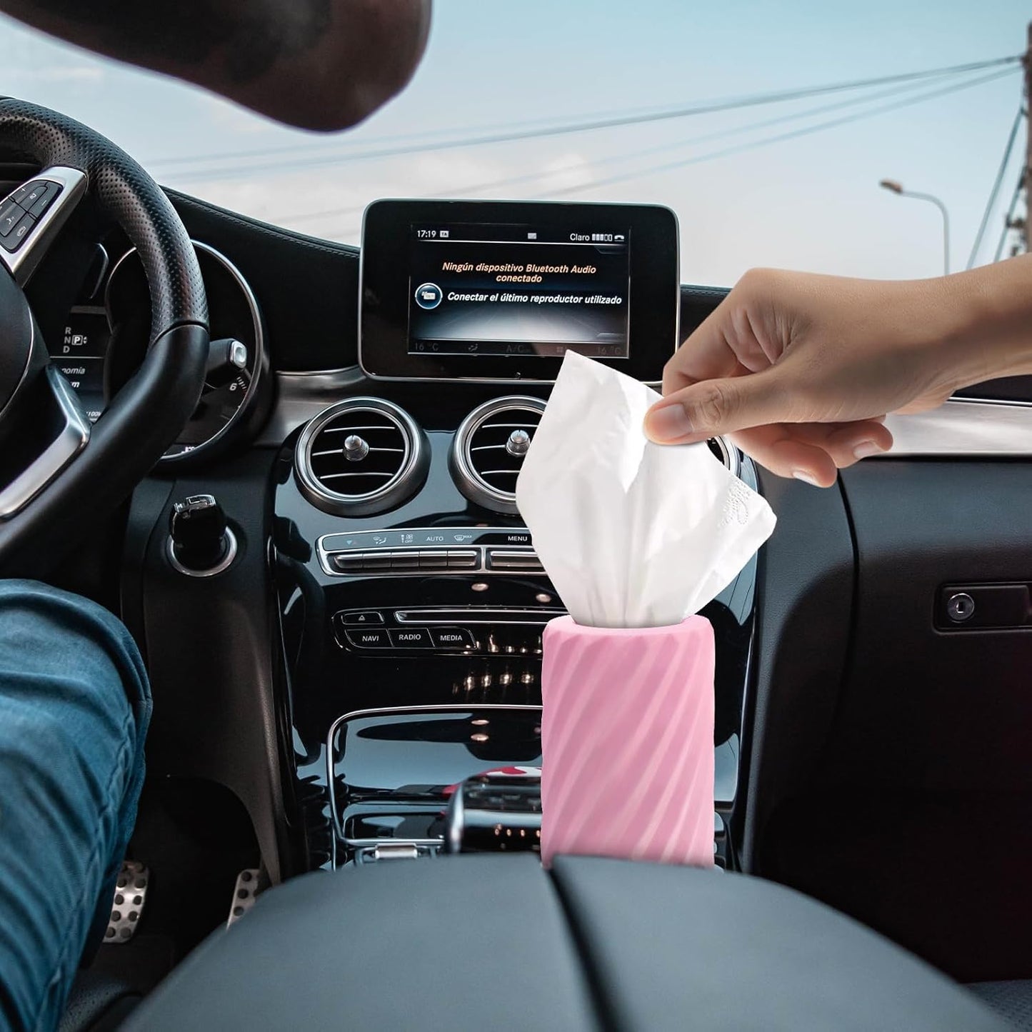 Car Cup Holder Tissue with 3 Pack Facial Tissues, Car Tissues Cylinder, Refillable Round Travel Tissue Tube for Vehicle, Office, Home Use (Pink)