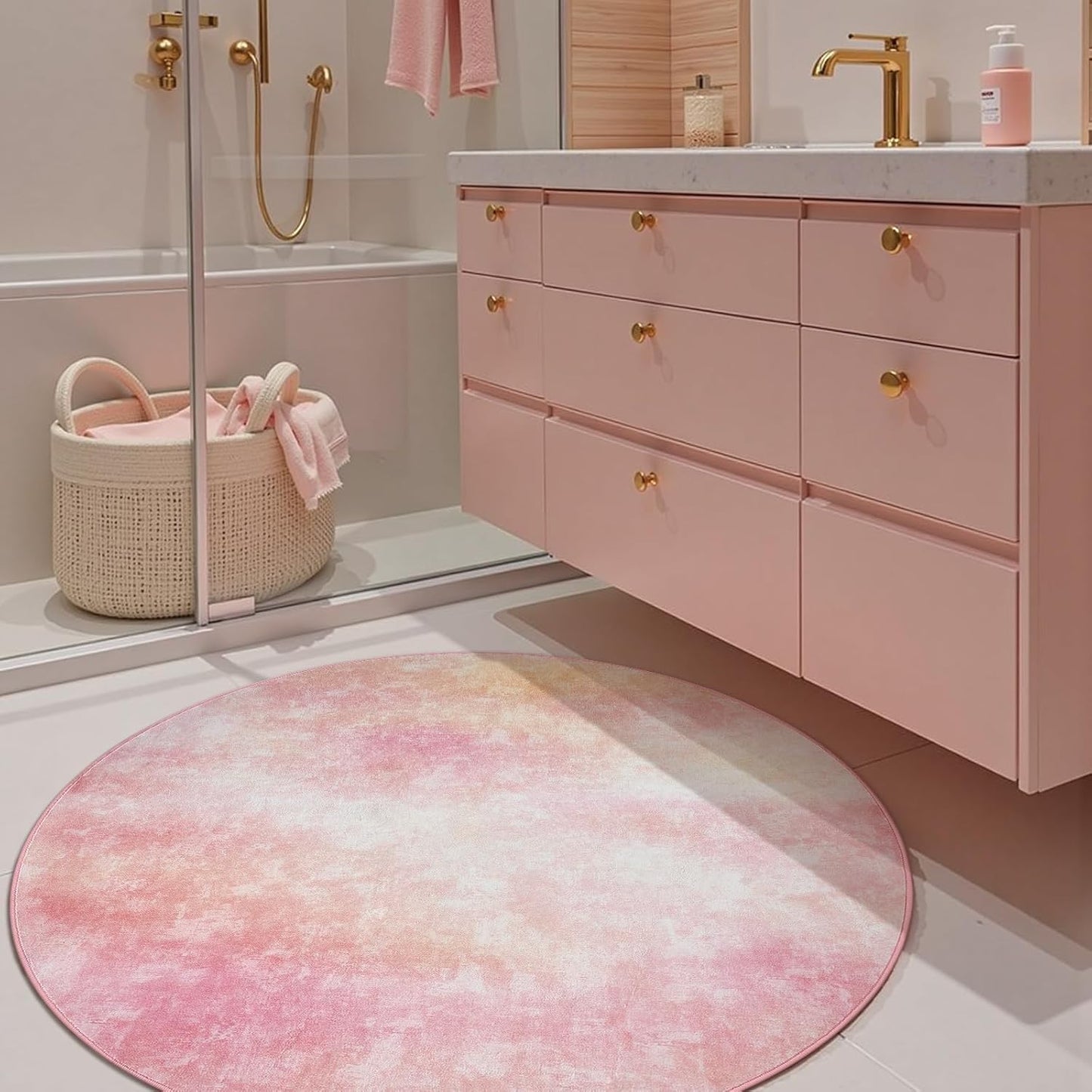 jinchan 4ft Round Rug Dreamy Abstract Washable Cute Entryway Mat Non Slip Elegant Peachy Pink Circle Rug Soft Low-Profile Artistic Cloud Effect Throw Carpet for Dorm Bathroom Playroom Balcony