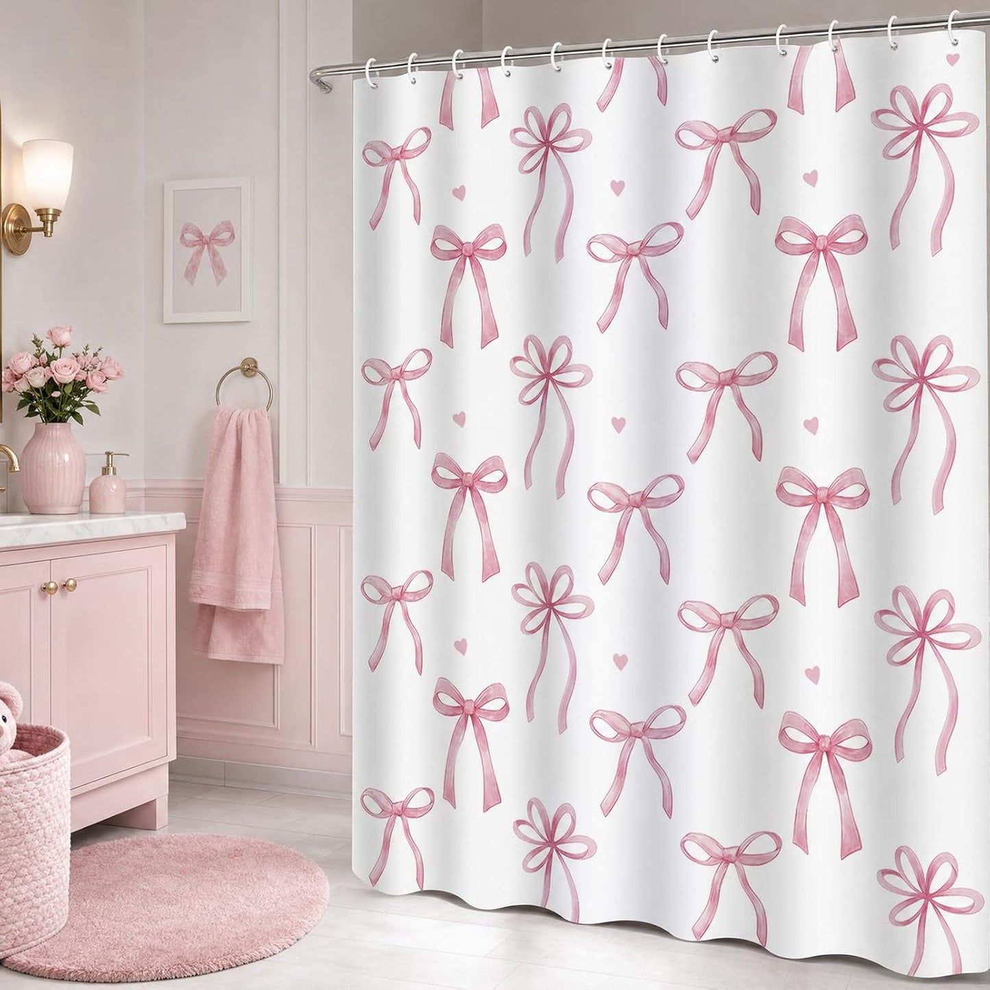 Pink Bow Shower Curtain Coquette Cute Ribbon Bowknot Heart Preppy Kids Girls Dorm Bathroom Decor Waterproof Fabric Bath Curtain 72 x 72 Inch with 12 Hooks