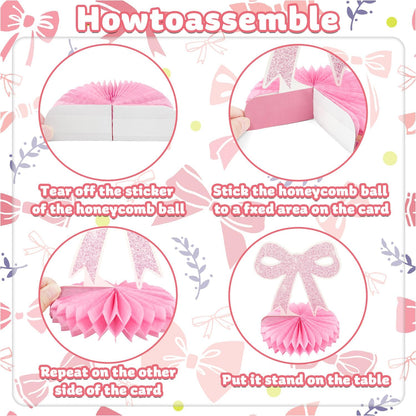 9Pcs Pink Bow Party Honeycomb Centerpieces Decorations, Pink Bow Coquette Birthday Table Decor, 3D Bow Decorations for Birthday Bachelorette Bridal Party