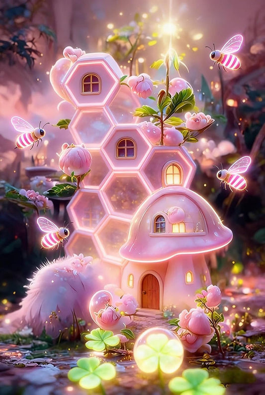 BoAn Full Drill Diamond Painting Kit, 12x16 Inch Pink Enchanted Hexagon Honeycomb House & Mushroom Cottage Theme, DIY Fantasy Craft for Adults Teens, Whimsical Fairy-Tale Wall Decor