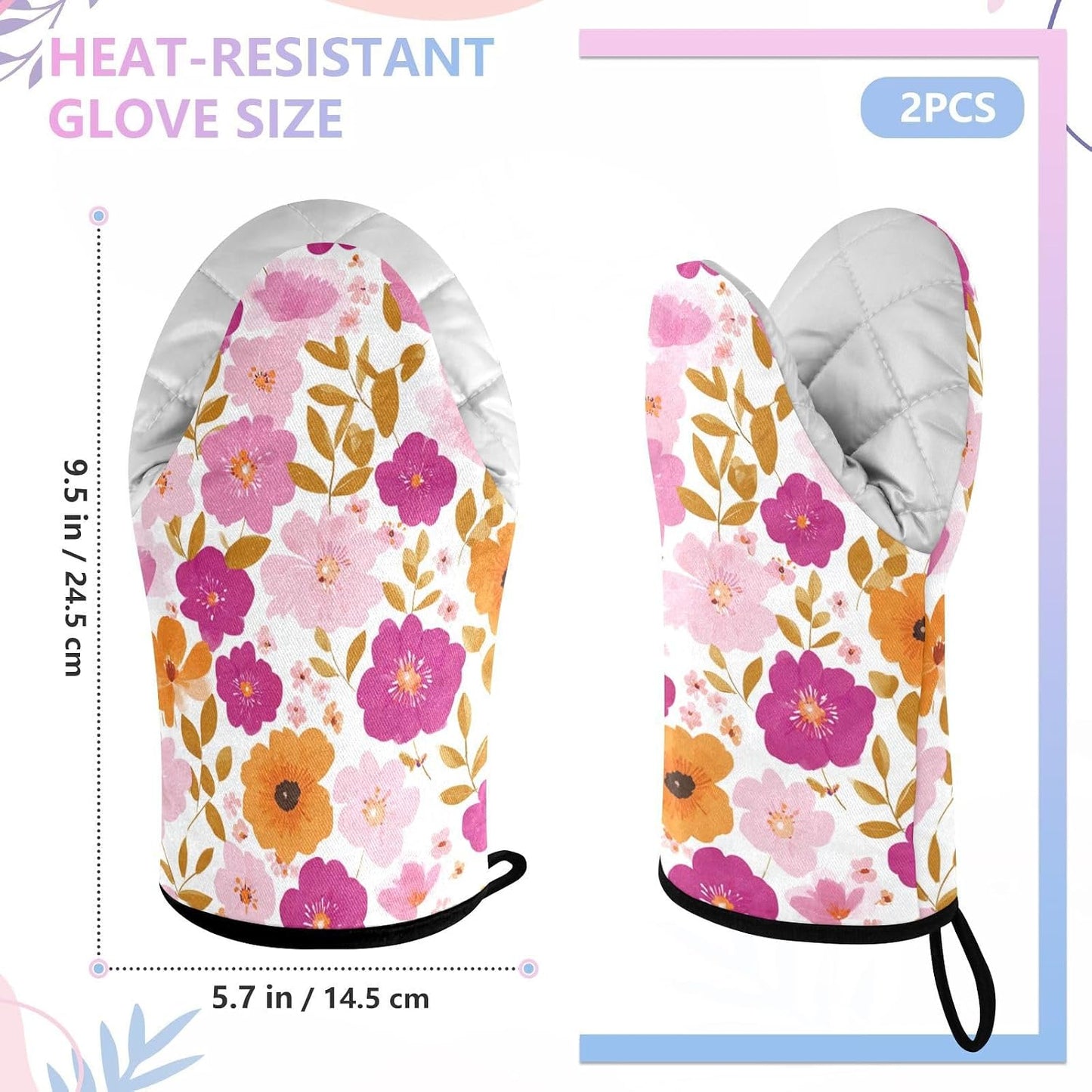 Oven Mitt 2 Pack Set Blossom Pink Flowers Kitchen Mitts Gloves for for Cooking Baking Grilling