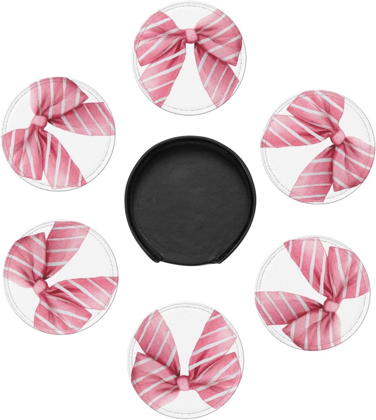 Light Pink Watercolor Bow with White Stripes Premium Leather Coasters, Set of 6 with Holder, Stylish Beverage Coasters for Kitchen Coffee Bar