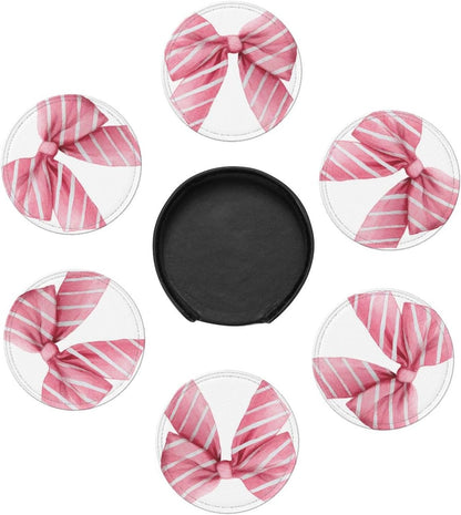 Light Pink Watercolor Bow with White Stripes Premium Leather Coasters, Set of 6 with Holder, Stylish Beverage Coasters for Kitchen Coffee Bar