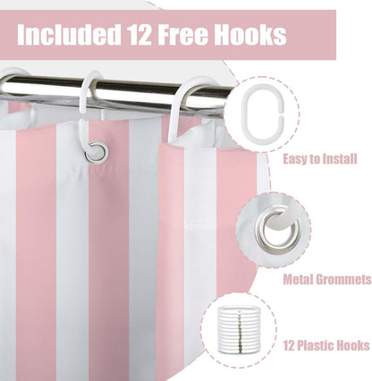 MASLEK Pink and White Striped Shower Curtain for Bathroom, Modern Vertical Stripe Geometric Bathroom Decor Minimalist Aesthetics Bathroom Curtain with Hooks, 72W X 72L Inch