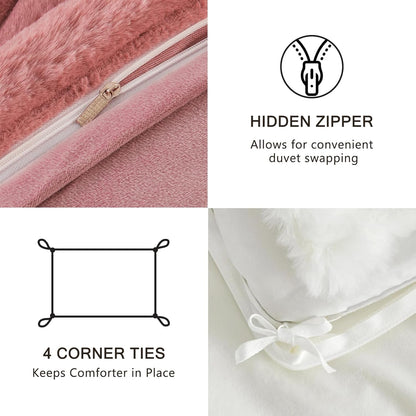 EMME Faux Fur Duvet Cover Queen Size, 3 Pieces Ultra Soft Fluffy Comforter Cover, Cozy Warm for Winter, Luxury Elegant Shaggy Striped Design Bedding, 1 Duvet Cover & 2 Pillow Shams (Queen, Old Pink)