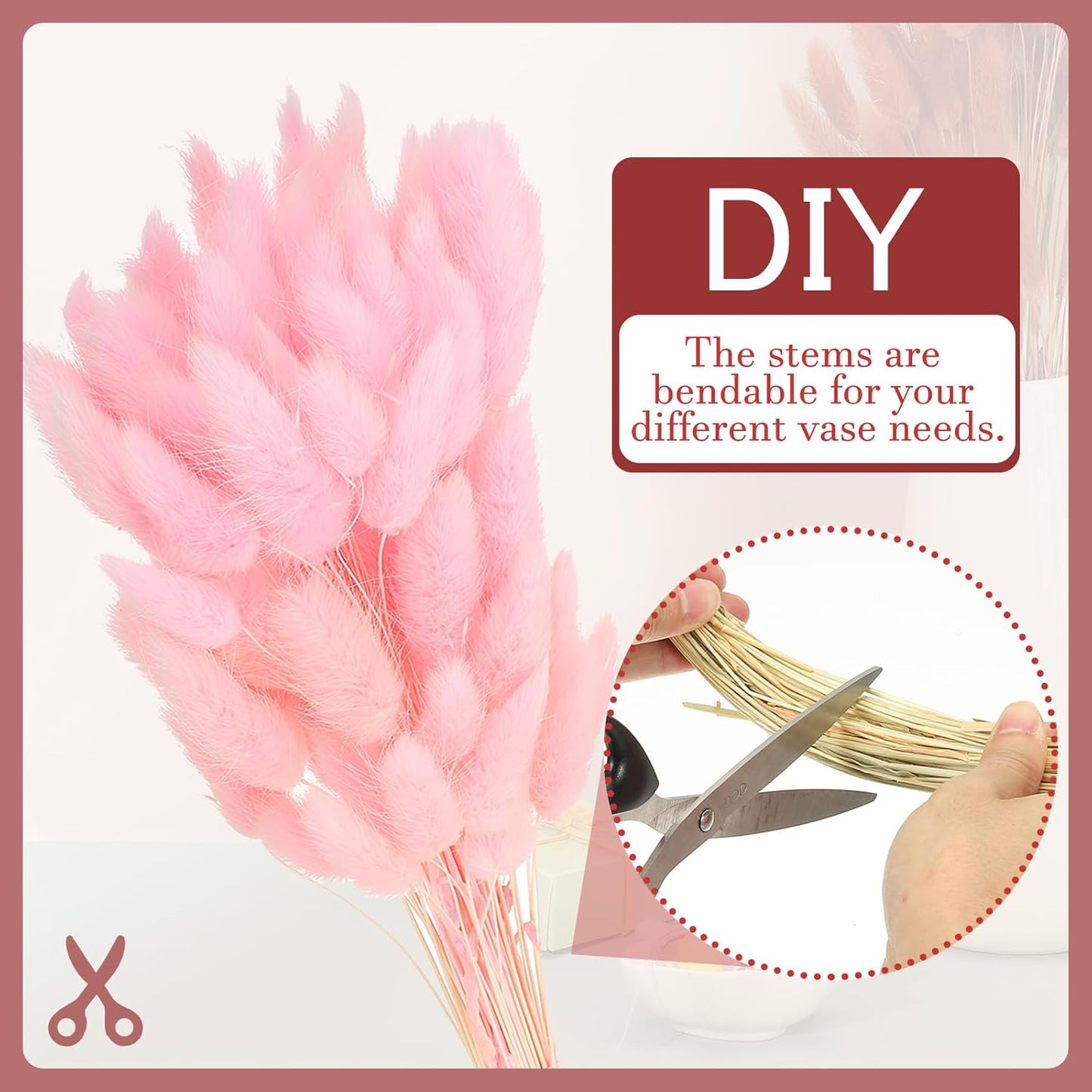 PATIKIL 15.7in Bunny Tails Dried Flowers, 120pcs Pampas Grass Decor Rabbit Tail Natural Pampas Grass Bulk Fluffy Faux Pampas Grass Dried for Home Boho Decor Vase Wedding Table, Pink