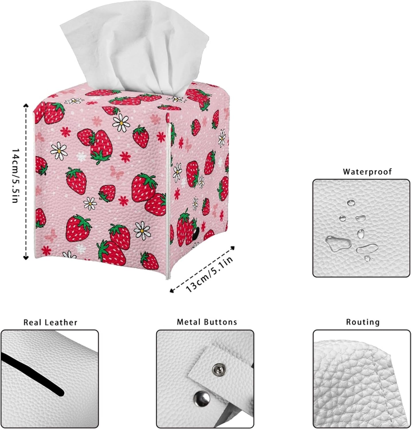 Pink Strawberry Tissue Box Cover Water Resistant Leather Tissue Box Holder Cube Facial Paper Organizer Cute Dispenser Napkin Holder Case Home Decoration