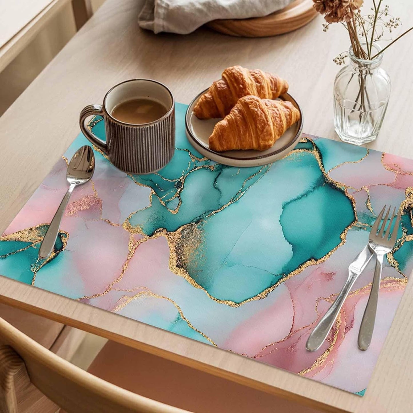 Pink Water Marble Placemat Set of 4 Non-Slip Placemats for Dining Table Abstract Art Washable Table Mats, Heat Resistant Kitchen Table Mats for Party, Dining Room & Home Decor