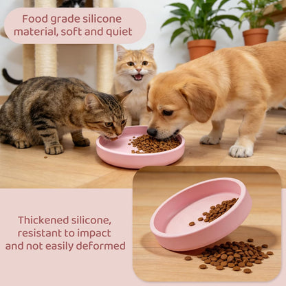 Silicone Dog Cat Shallow Bowl Small Dog Plate for Dry and Wet Food 7″ Flat Non-Slip Puppy Kitten Feeding Dishes Relief Whisker Fatigue, Pink
