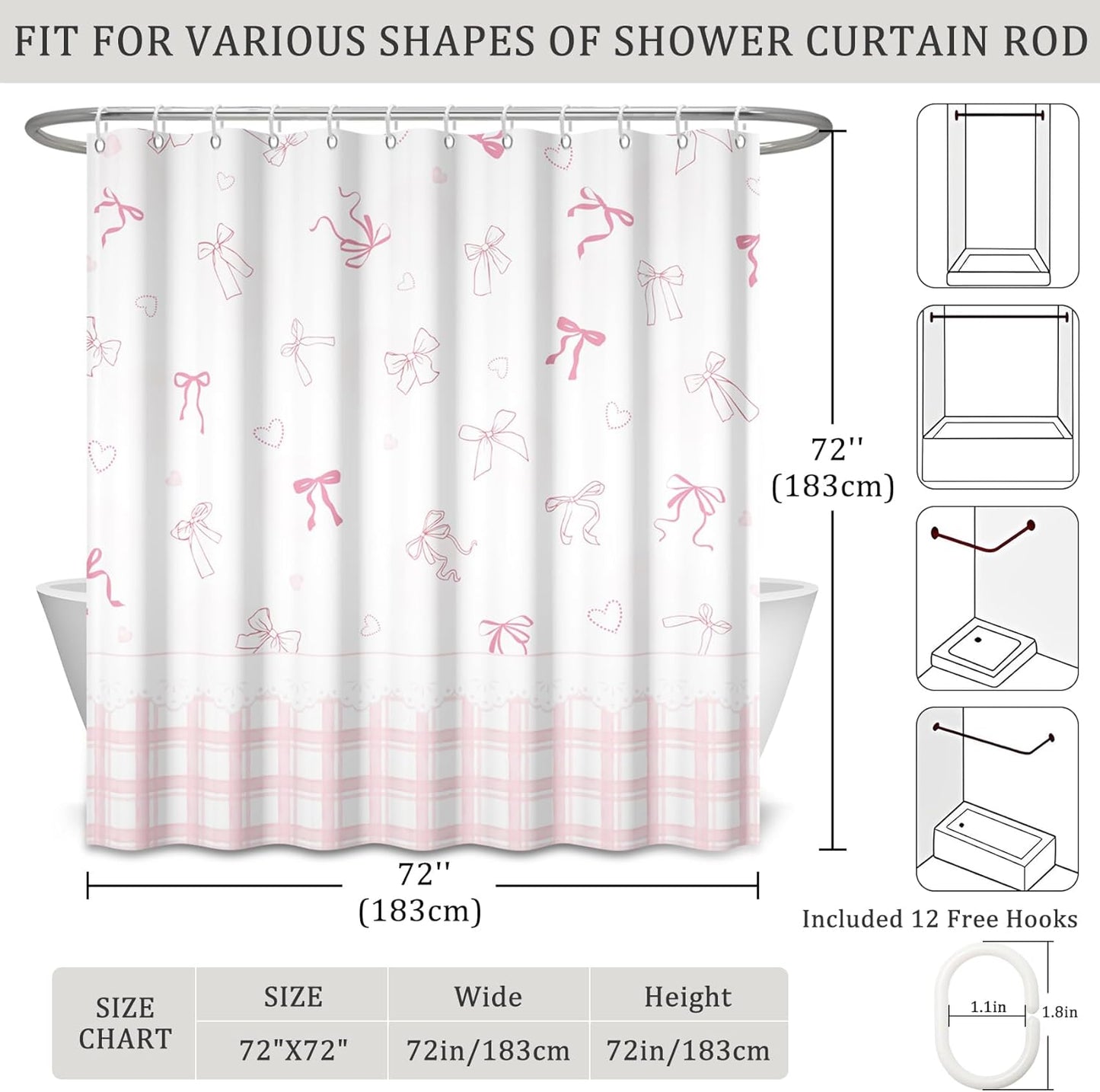 Cute Bow Shower Curtain Pink Striped Gingham Girly Shower Curtain Set for Bathroom Sweet Heart Plaid Modern Waterproof Fabric Bath Curtains with Hooks for Women Girls 72 X 72 Inch