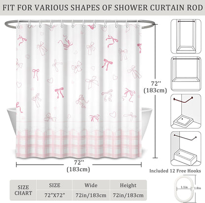 Cute Bow Shower Curtain Pink Striped Gingham Girly Shower Curtain Set for Bathroom Sweet Heart Plaid Modern Waterproof Fabric Bath Curtains with Hooks for Women Girls 72 X 72 Inch