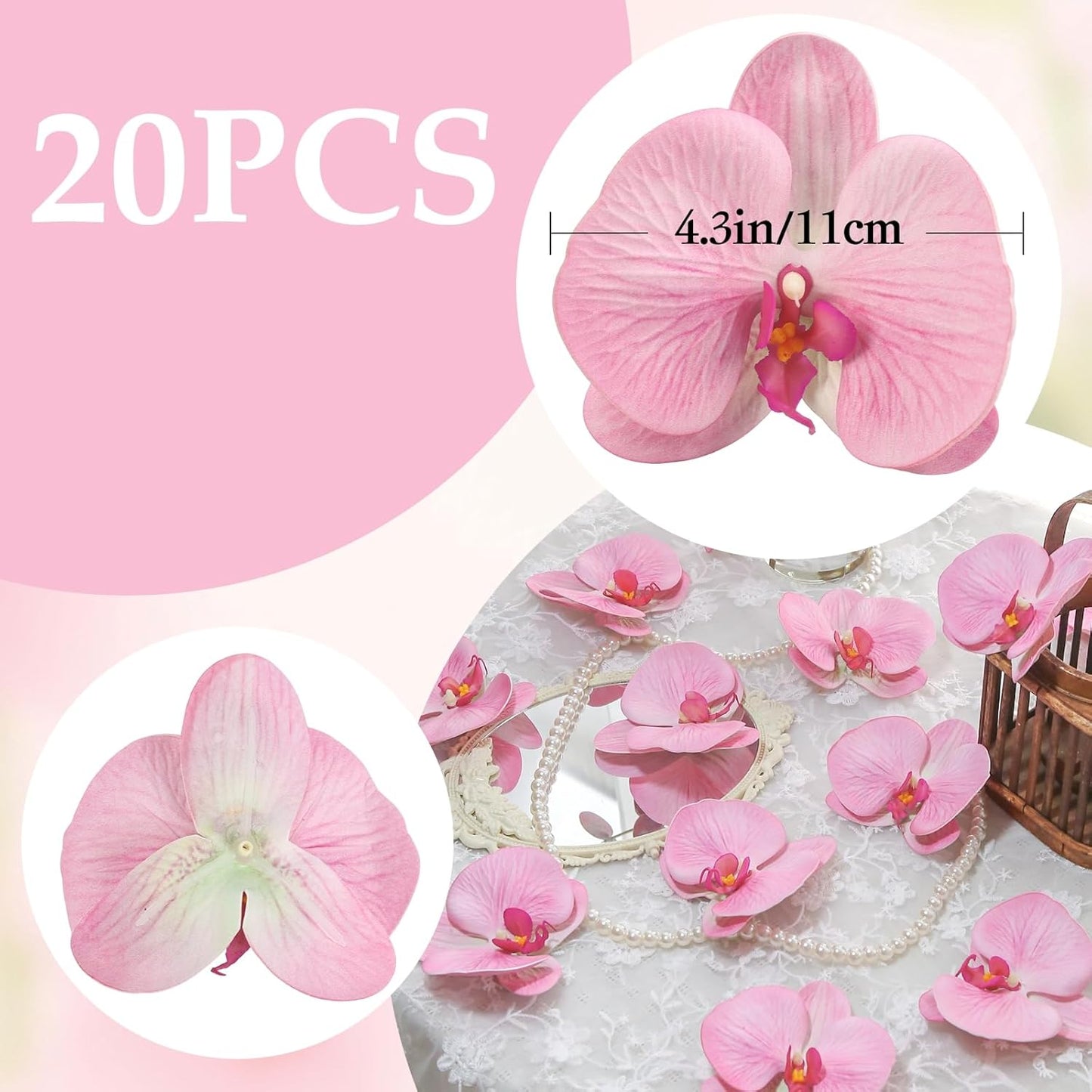 20 PCS Pink Artificial Orchid Flower Heads,4.3'' Real Touch Latex Butterfly Orchid Faux Phalaenopsis Flowers Bulk for Wedding DIY Crafts Hair Accessories Table Centerpieces Home Decor(Pink)