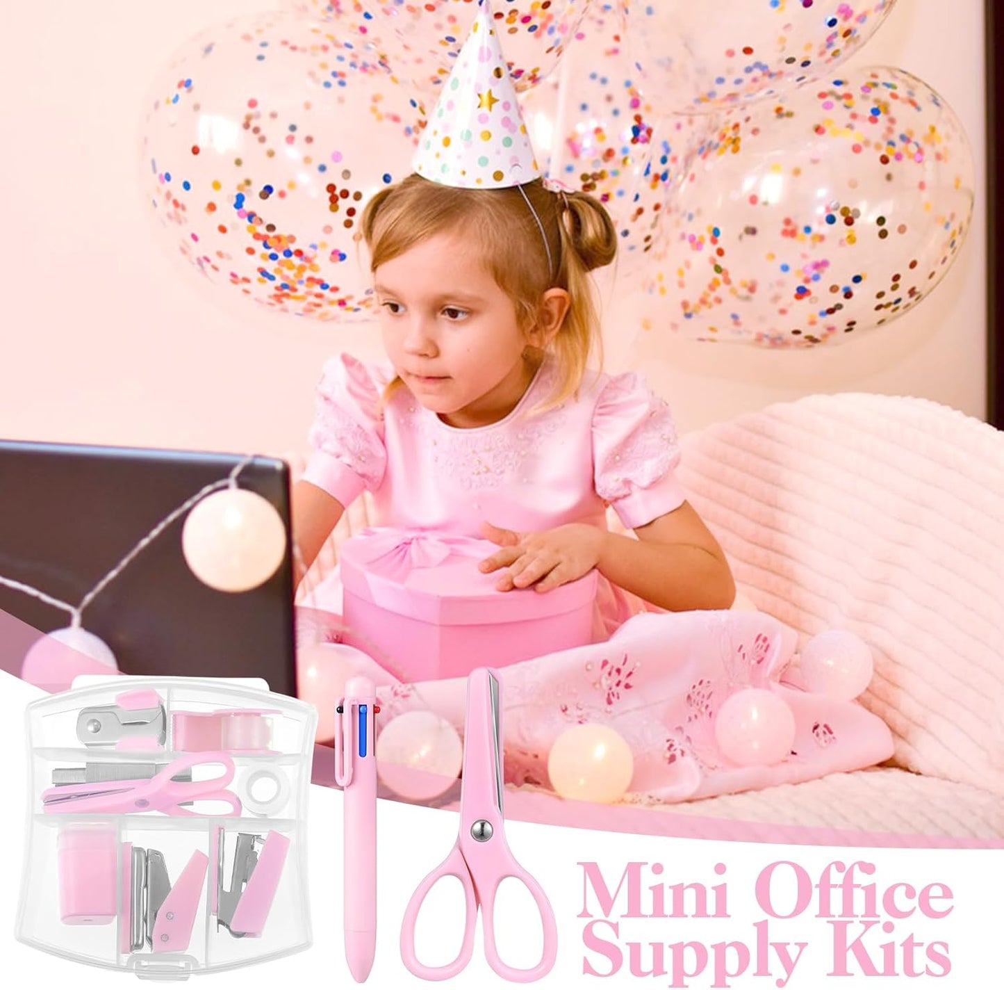 Mini Office Supplies, Purple School Supplies with Sticky Notes,Mini Stapler,Tape Dispenser,Hole Punch,Staple Remover,Staples,Clips,Scissor,Pen (Pink)