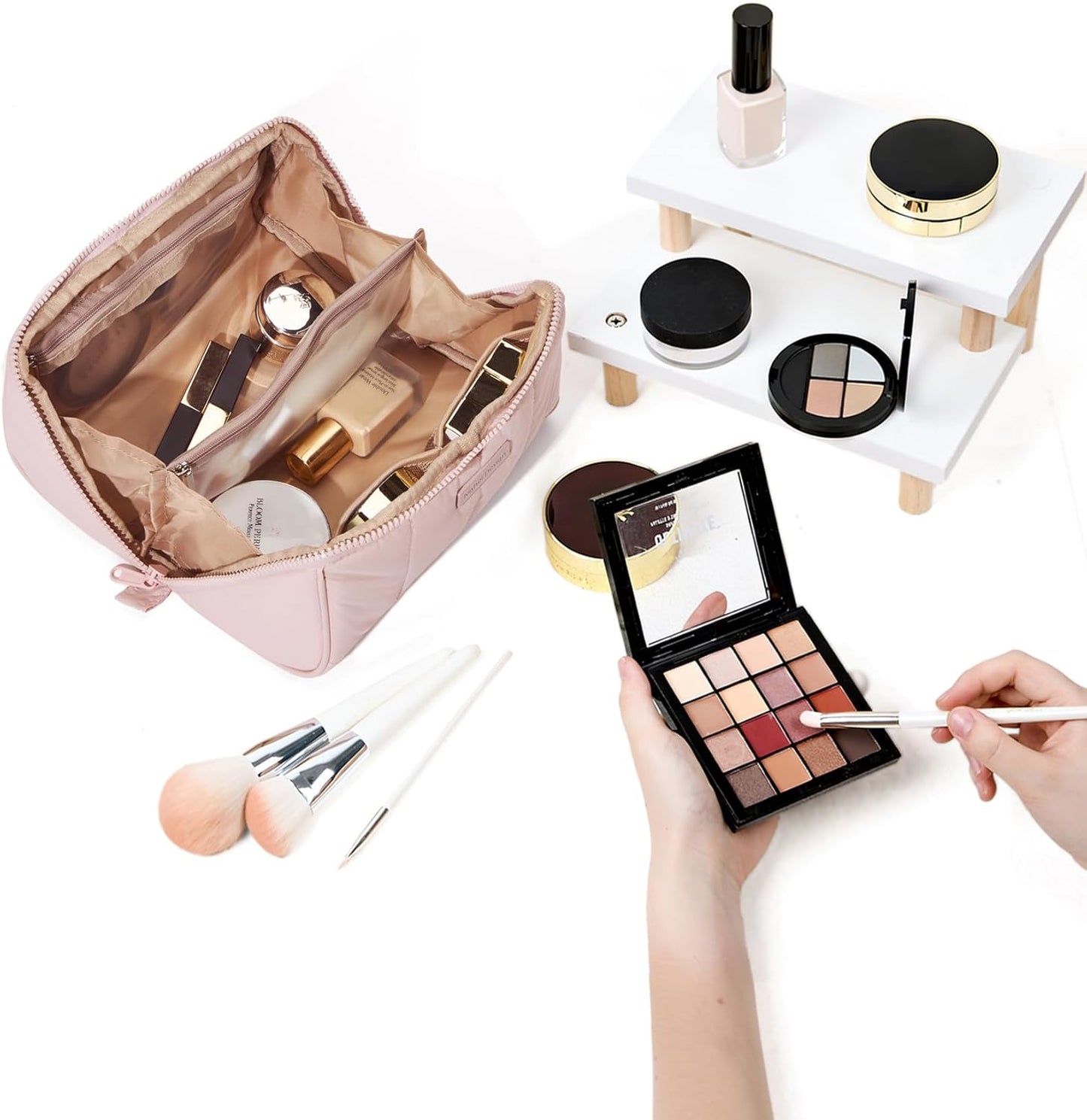 NISHEL Travel Makeup Bag for Women, Fluffy & Lightweight Open Flat Cosmetic Organizer with Multiple Functional Divider for Brush Independent Storage, Handle for Easy Portability, Pink