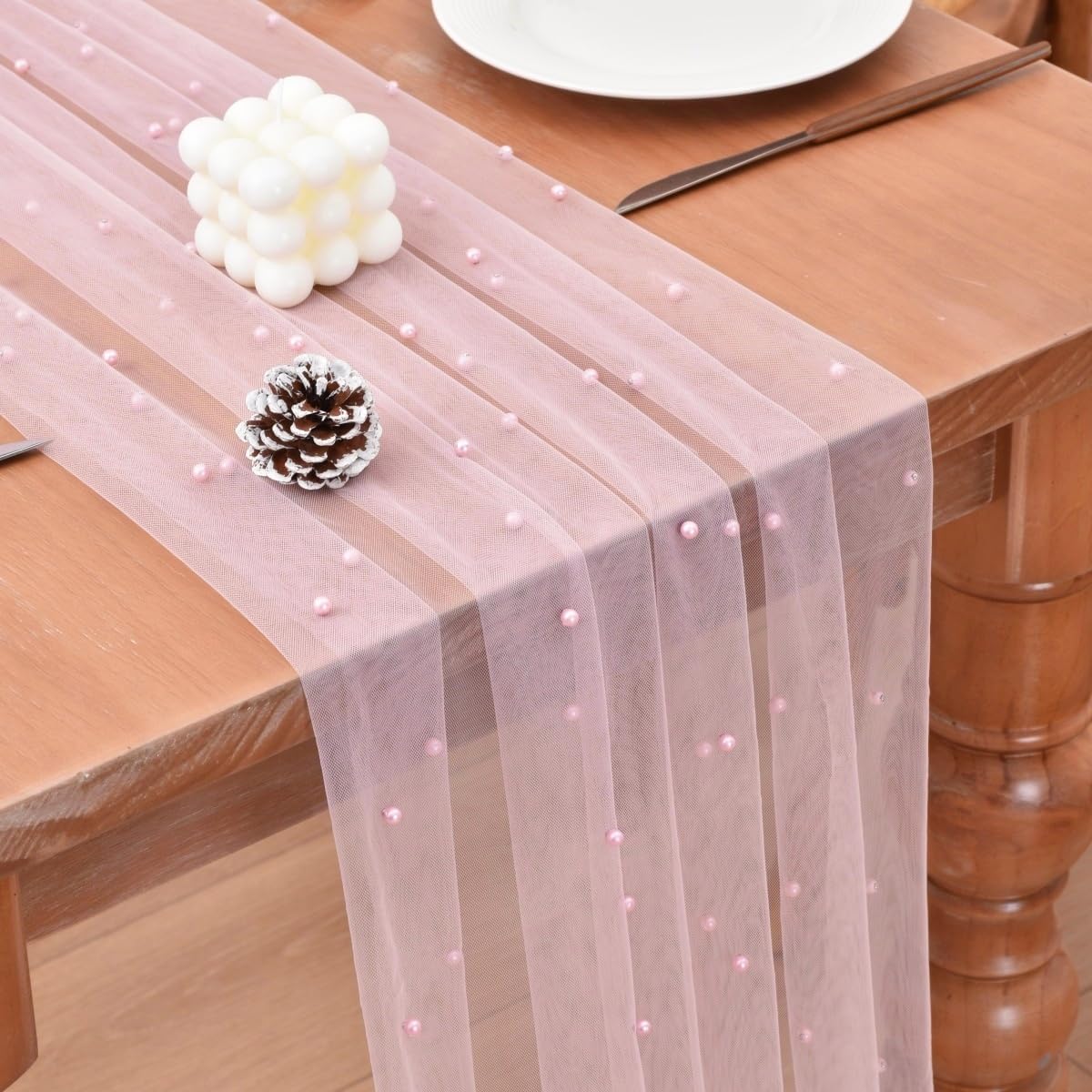 Joanlody Pearl Table Runner 10ft Rustic Boho Summer Tulle Runner with Pearls for Baby Shower Wedding Party Veil Dessert Table Decor Pink