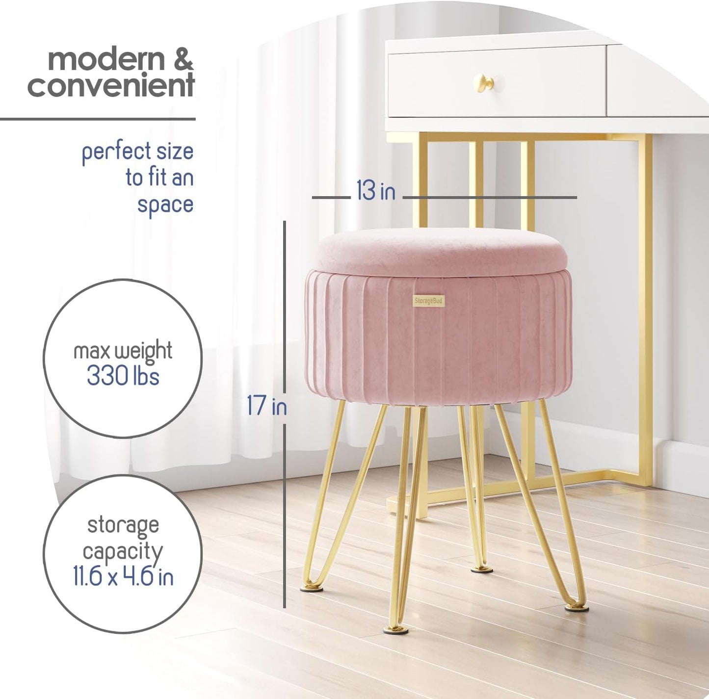 Round Ottoman with Storage, Pleated Velvet Storage Ottoman, Foot Stool Ottomans, Makeup Vanity Stool, Small Ottomans Foot Rest, Modern Vanity Stools for Living Room and Bedroom, Pink