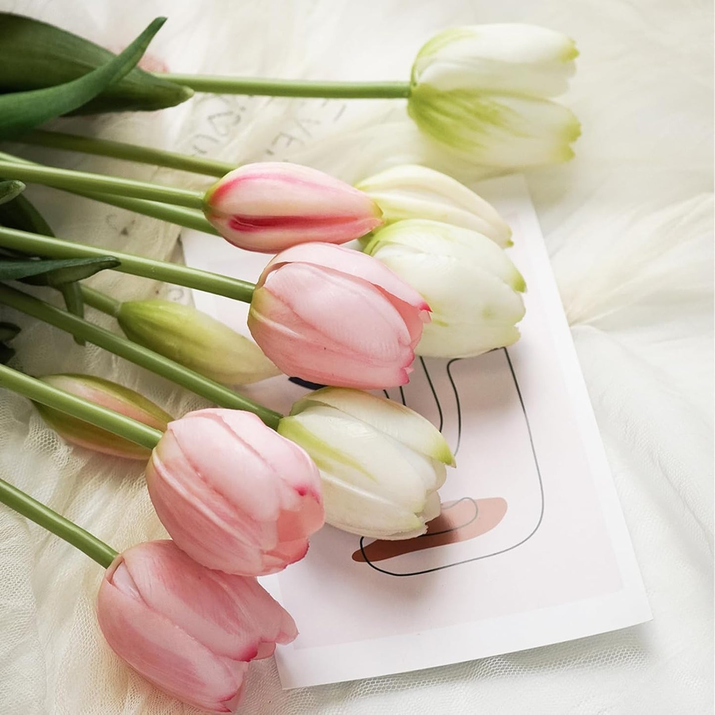 10 Pcs Fake Tulips Tulips Artificial Flowers Real Touch Fake Flowers Artificial Flower Bouquet for Home Table Party Wedding Decoration (Light Pink)