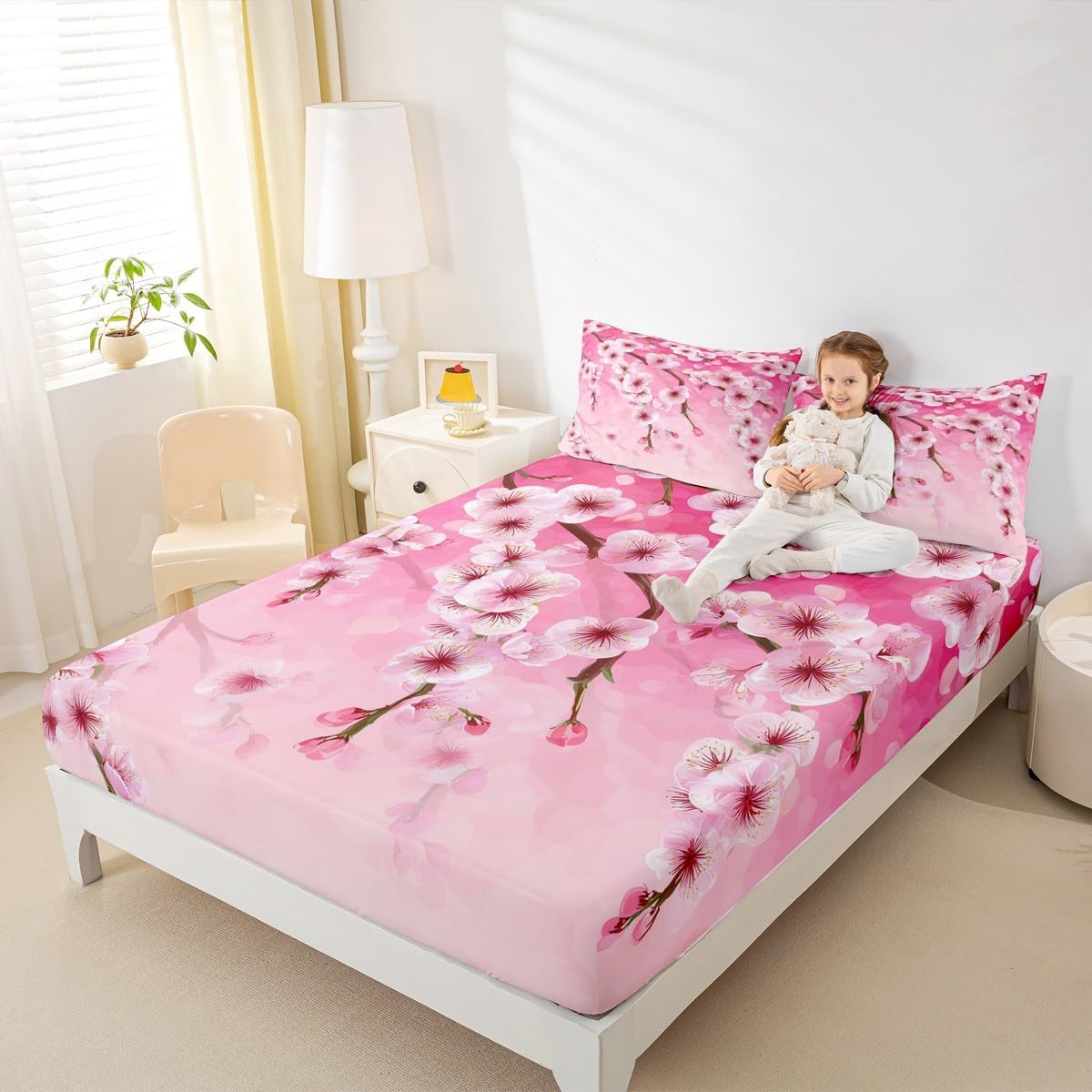 Peach Blossom Kids Fitted Sheet Queen Size,Pink Flowers Spring Romantic Bedding Set,Girls Boys Adults Bedroom Decor,Florals Rustic Nauture View Bed Cover,Dreamy Bed Sheet,2 Pillowcases