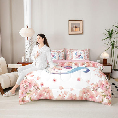Erosebridal Blue Axolotl 7 Piece Bedding Set Twin Cartoon Salamander Animal Comforter Set with Sheets Peach Blossoms Bed in a Bag Pink Romantic Bed Sets Comforter